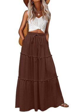 Women's Boho High Waisted Brown Maxi Skirts Tiered Floral Long Skirts Pockets